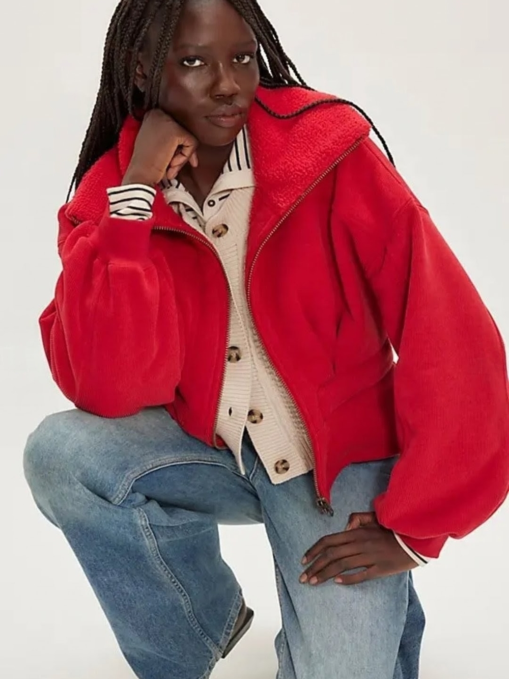 NWT Free People Cora Corded Zip-Up Blouse Jacket Salsa Red Faux Sherpa Collar XS